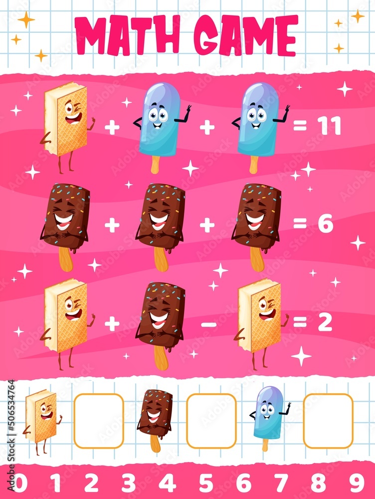 Poster cartoon funny ice cream dessert characters math game worksheet. vector school or preschool education