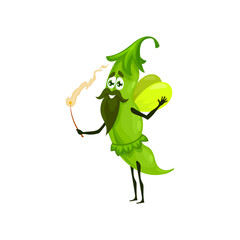 Fototapeta premium Green pea wizard or sorcerer, vector funny peas magician cartoon character with magic wand making spell. Funny smiling enchanter healthy food, fascinator veggies personage, isolated wiz conjurer