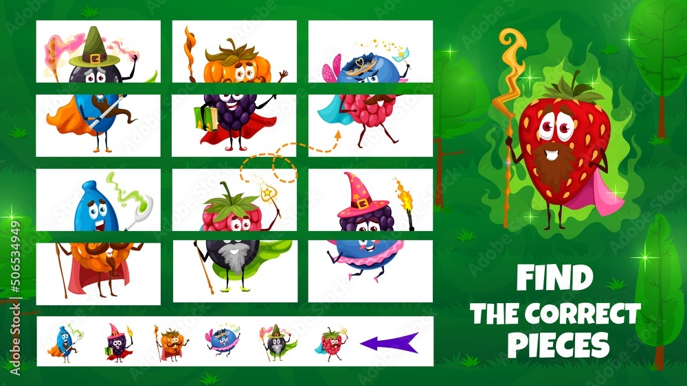 Poster Cartoon funny wizard and fairy berries characters. Find the correct pieces game worksheet, kids riddle with matching and comparing task. Child logical quiz or puzzle game page with berries sorcerers