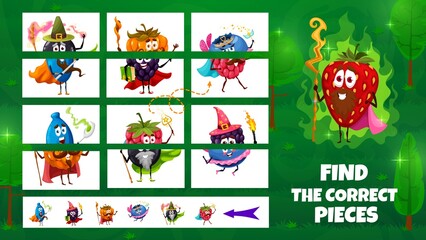 Fototapeta premium Cartoon funny wizard and fairy berries characters. Find the correct pieces game worksheet, kids riddle with matching and comparing task. Child logical quiz or puzzle game page with berries sorcerers