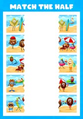 Obraz premium Match the half. Cheerful nuts on summer beach kids game worksheet. Children puzzle or riddle with cute pistachio, hazelnut and seeds, coffee bean, walnut and cocoa happy characters leisure on seacoast