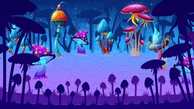 Magic mushrooms in fairy forest game level landscape. Cartoon vector background with parallax effect. Fantasy or alien planet natural location, night scene with fairytale glow fungi plants on field