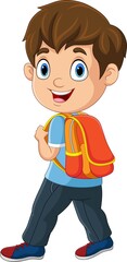Cartoon little boy with backpack go to school