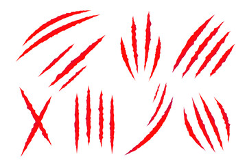 Cat scratches set. Animal claws marks collection in red. Monster or dinosaur attack slash stripes on white background. Vector illustration