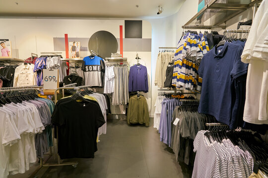 SAINT PETERSBURG, RUSSIA - CIRCA AUGUST, 2017: inside Topman store at Galeria shopping center. Galeria is major shopping and entertainment center is located in downtown of St. Petersburg