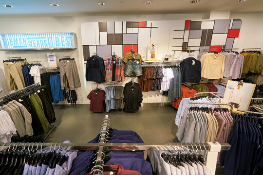 SAINT PETERSBURG, RUSSIA - CIRCA AUGUST, 2017: inside Topman store at Galeria shopping center. Galeria is major shopping and entertainment center is located in downtown of St. Petersburg