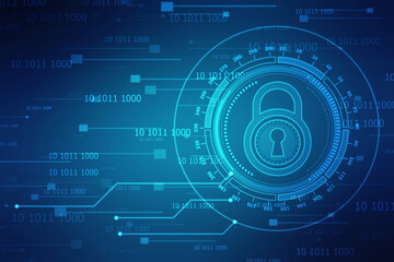 Digital Padlock on abstract technology background, Technology security concept. Modern safety digital background. Protection system, Cyber Security and safety information, personal data concept