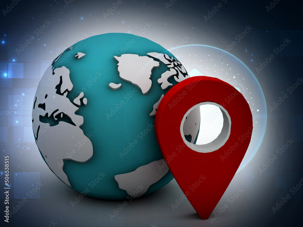 Poster 3d rendering earth with map pointer