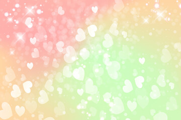 Rainbow fantasy background with hearts and stars. Holographic illustration in pastel colors. Cute cartoon unicorn wallpaper Bright multicolored sky. Vector.