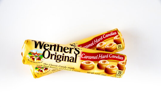 May 4, 2021. New York. Top view of Werthers Original classic caramel hard candy on white isolated background.