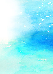 コピースペースのある水中から見上げた水面の水彩背景　背景イラスト　水色　海　縦長