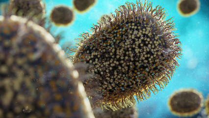 Naklejka na ściany i meble Monkeypox virus, contagious microscopic pathogen closeup, infectious zoonotic disease