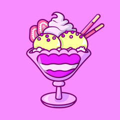 Cartoon flat vector illustration of sundae with strawberry and whip cream. 
