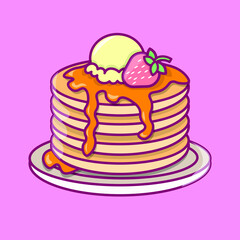 Cartoon flat vector illustration of pancakes with strawberry and ice cream. 