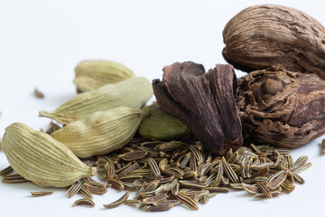 Green and black cardamom with cumin seeds, all popular spices used in traditional Indian cuisine such as curry and many other cultures