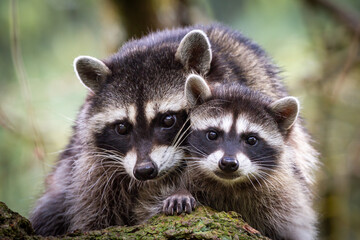 mother and baby raccoon sitting close together - obrazy, fototapety, plakaty