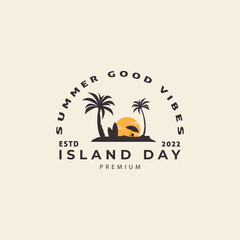 island and beach coconut tree holiday with  retro style logo vector symbol illustration design