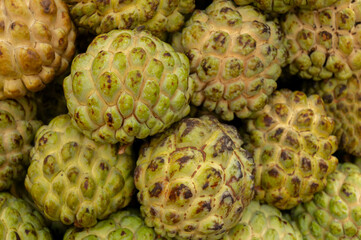 Custard apple fruits, Annona reticulata, are on display for sale at New Market area, Kolkata, West Bengal, India.