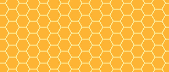 Golden honeyed comb grid texture and geometric hive hexagonal honeycombs. Gold honey hexagonal cells seamless texture. Honeycombs bright background. Vector illustration