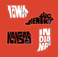 Iowa, Kentucky, Kansas, Indiana states names distorted into state outlines. Pop art style vector illustration for stickers, t-shirts, posters and social media.
