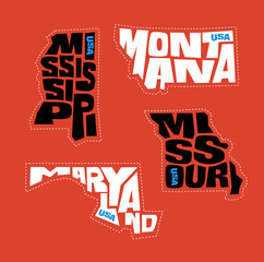 Mississippi, Montana, Maryland, Missouri state names distorted into state outlines. Pop art style vector illustration for stickers, t-shirts, posters and social media. - 506541559
