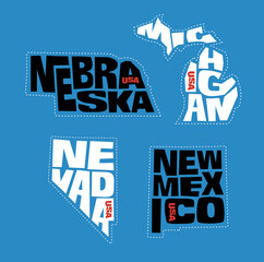 Michigan, Nebraska, Nevada, New Mexico state names distorted into state outlines. Pop art style vector illustration for stickers, t-shirts, posters and social media.