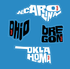 North Carolina, Ohio, Oregon, Oklahoma state names distorted into state outlines. Pop art style vector illustration for stickers, t-shirts, posters and social media. - 506541572