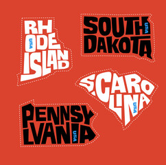 Pennsylvania, Rhode Island, South Dakota and South Carolina state names distorted into state outlines. Pop art style vector illustration for stickers, t-shirts, posters and social media. - 506541580