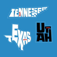 Tennessee, Texas, and Utah state names distorted into state outlines. Pop art style vector illustration for stickers, t-shirts, posters and social media.