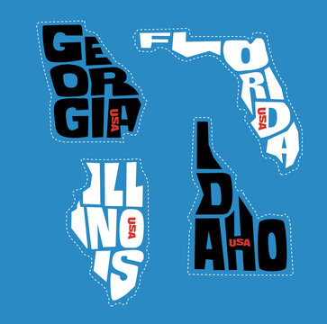 Georgia, Florida, Illinois, Idaho state names distorted into state outlines. Pop art style vector illustration for stickers, t-shirts, posters and social media.
