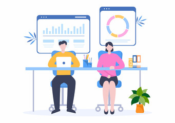 Business Plan Consulting to Financial Analysis, Statistics or Develop for Company Performance in Flat Cartoon Illustration