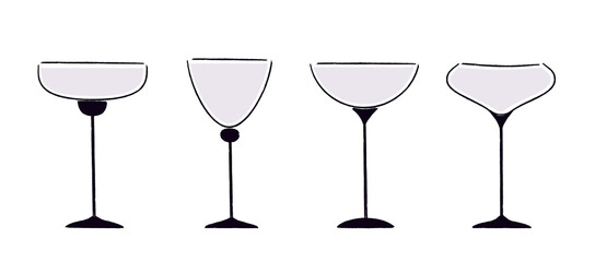 Set of elegant textured wine glassses.Sketch.Retro style.Isolated on white background.