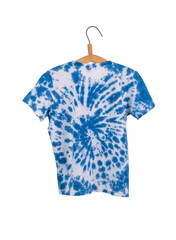 Blue T-shirt painted in tie dye style on a hanger isolated on a white background.