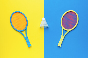 Shuttlecock and two badminton rackets on a yellow and blue background. Minimal sports concept.