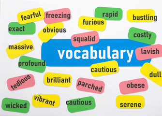 top view various colorful English vocabulary