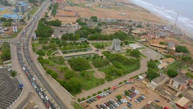 Aerial of the Kwame Nkrumah Mausoleum and memorial park is located in downtown Accra