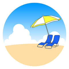 砂浜のビーチチェアとビーチパラソルのラウンドデザイン