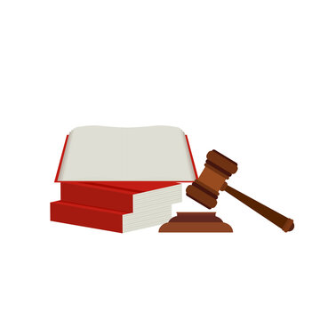 Justice scale, judge's hammer, law book, concept of court judgment to demand justice and punishment.