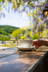 Woman hand holding a Hot cafe latte in a white ceramic cup tea set with purple wisteria flowers hanging at the garden in South Korea