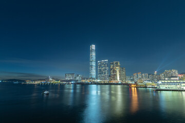 Naklejka premium Night scenery of skyscraper, skyline and harbor of Hong Kong city