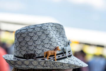 An attendee at a horse race, wearing a fancy hat.