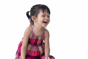 Funny kid in pink dress laughing on white background, little pretty girl, with clipping path