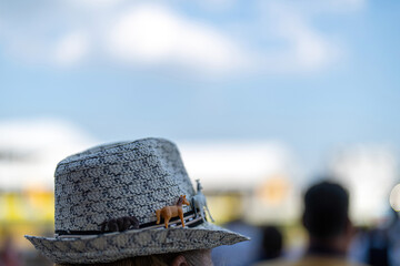 An attendee at a horse race, wearing a fancy hat.