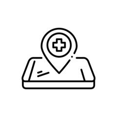 Hospital or other healthcare provider location app. Map pointer on an isometric smartphone. Pixel perfect, editable stroke line icon