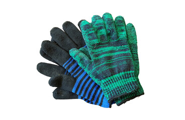 old fabric knitted gloves on white background