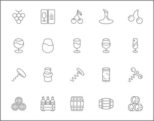 Simple Set of wine Related Vector Line Icons. Contains such Icons as drink, glass, alcohol, bottle, grape, leaf, barrel, vineyard linear symbols and more.
