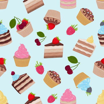 Cakes. Seamless pattern with the image of cakes and cupcakes. A sweet dessert pattern. Pattern for print and packaging. Vector illustration