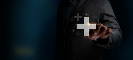 Man hand Employee Businessman positive thing  benefits business concept health insurance