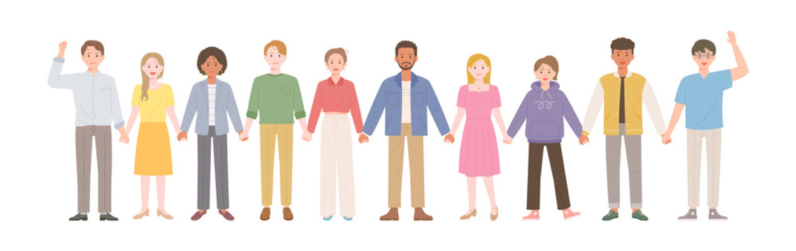 People of different races are standing holding each other's hands. flat design style vector illustration.