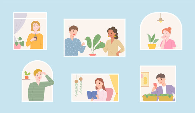 Neighbors' life seen through the window. People are growing plants. flat design style vector illustration.